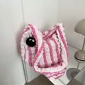 Sac fourre-tout en seersucker à rayures roses et blanches avec charm sur table en verre - Rose Vif (Avec Breloque)