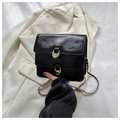 Vintage schwarze kleine quadratische Ledertasche mit goldenen Schnallen und Kettenriemen - Schwarz