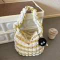 Gelb-weiß gestreifte Popcorn-Stofftasche mit Plüsch-Anhänger und Rüschen-Schultergurt - Gelb mit Anhänger