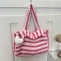 Borsa tote a righe rosa e bianche in tessuto arricciato con ciondolo a cuore di peluche - Rosa Fucsia Con Ciondolo