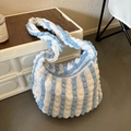 Blue and white striped cloud bubble shoulder bag with textured pleats and soft handle - Blue (Without Pendant)