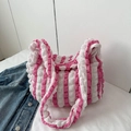 Pink and white seersucker striped shoulder bag with bubbly texture and soft handle - Rose Pink (Without Charm)