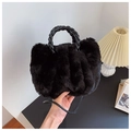 Chic black faux fur cloud bag with braided leather handle for a soft stylish look - Black