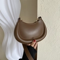 Minimalist brown matte leather crescent shoulder bag with golden zipper hardware - Brown