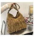 Bolso hobo boho marrón con flecos largos y correa ajustable ancha para el hombro - Caqui