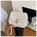 Borsa a tracolla trapuntata in tessuto beige a quadri, fibbia dorata e cinturino bianco - Cachi