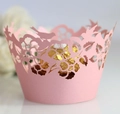 Makroaufnahme der laserschneidenden rosa Perlmutt-Cupcake-Förmchen mit Vögeln und Blumen - Rosa