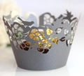 Detailed laser-cut cupcake wrapper with intricate floral and bird designs in silver gray - Silver Charcoal