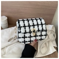 Classic black and white checkered tweed crossbody bag with elegant golden U-shaped buckle - White