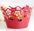 Red laser-cut cupcake wrappers with rose bird patterns for wedding party decor - Pearlescent Red