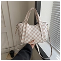 Borsa tote a scacchi marrone con manici in pelle e tracolla rimovibile regolabile - Bianco