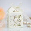 Macro view of laser-cut hollow floral pattern on a cream white house-shaped gift box - Ivory