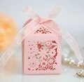 Detail of pink laser-cut paper gift box with floral patterns and a soft ribbon bow - Pink