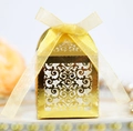 Boîte à bonbons de mariage découpée au laser couleur champagne avec motif floral et ruban - Or Réfléchissant