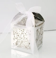 Detailed laser-cut silver star candy box with elegant white organza ribbon bow - Reflective Silver