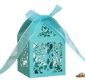 Scatola regalo nuziale tagliata al laser blu Tiffany con eleganti volute e nastro d'organza - Blu Turchese