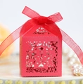 Elegant laser-cut red Chinese wedding candy box with Xi character and red ribbon bow - Pearlescent Red