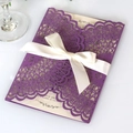 Purple laser-cut lace wedding invitation with ivory ribbon bow and printed inner card - Dark Purple