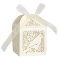 Detail view of laser-cut lovebird candy box with white organza ribbon for weddings - Ivory