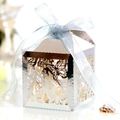 Silver laser cut candy box with butterfly patterns and blue organza ribbon bow - Reflective Silver