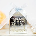Elegant silver laser-cut wedding favor box with Xi character and light blue ribbon - Reflective Silver
