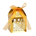 Golden laser-cut party favor box with round hollow patterns and orange organza ribbon - Reflective Gold