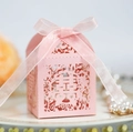 Detailed laser-cut pink wedding favor box with Double Happiness pattern and organza ribbon - Pink