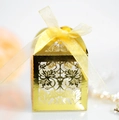 Laser cut hollow wedding candy box with golden mirror finish and yellow organza ribbon bow - Reflective Gold