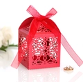 Detailed laser-cut red lace candy box with elegant ribbon bow for wedding favors - Pearlescent Red