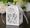 Elegant white laser-cut wedding favor box with a white ribbon and golden thank you tag - White (With Tag)