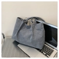 Bolso tote grande de pana gris azulado con asas de anillo plateado para diario - Gris