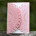 Pink laser-cut hollow lace wedding invitation card with subtle glitter finish on pearlescent paper - Pink
