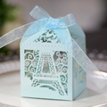 Detail of light blue laser-cut Eiffel Tower candy box with elegant organza ribbon bow - Pearl Pale Blue