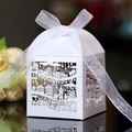 White laser cut Thank You gift box with house silhouette and white organza ribbon bow - White