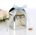 Laser-cut silver hollow candy box with light blue ribbon for wedding favors - Reflective Silver