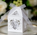 White laser-cut hollow heart candy box with LOVE text and silver ribbon for weddings - 50 Pieces / White