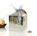 Detail of silver laser-cut wedding favor box with an elegant light blue silk ribbon bow - Reflective Silver