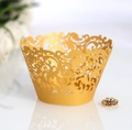 Elegant gold hollow cupcake wrapper with laser-cut floral pattern for weddings - Gold