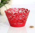 Vibrant red laser-cut cupcake wrapper with elegant vine patterns for wedding decor - Pearlescent Red