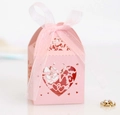 Pink laser-cut hollow heart candy gift box with LOVE design and ribbon for wedding - Pink