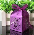 Purple laser-cut heart favor box made of shimmering pearlescent paper with ribbon bow - Dark Purple