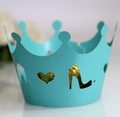 Laser-cut Tiffany blue cupcake wrappers with hollow crown, heart, and high heel patterns - Turquoise Blue