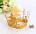 Detailed laser-cut gold Halloween cupcake wrapper with castle and pumpkin motifs - Gold