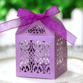 Detailed laser-cut hollow pattern on purple favor box with elegant silk ribbon bow - Dark Purple
