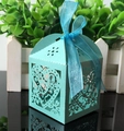 Light blue laser cut heart favor box with floral pattern and matching organza ribbon - Tiffany Blue