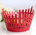 Macro detail of red laser-cut fence cupcake wrappers with intricate floral patterns - 5cm / Pearlescent Red