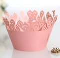 Detailed laser-cut pink peacock lace cupcake wrapper for elegant wedding cake decoration - Pink