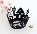 Halloween witch castle cupcake wrapper in black laser cut paper with bat and grave detail - Black