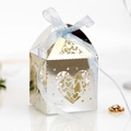 Detail of silver laser-cut LOVE heart wedding candy box with light blue ribbon tie - Reflective Silver