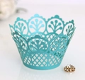 Laser-cut floral cupcake wrapper in light cyan pearlescent paper with lattice edge decor - Tiffany Blue